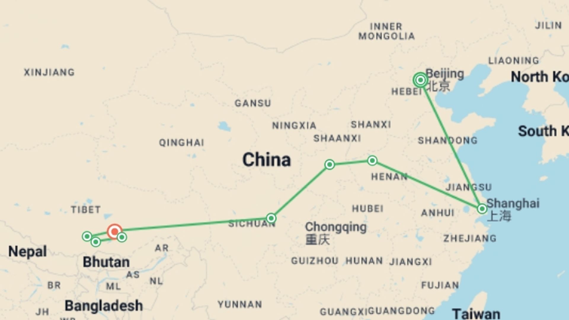 A map showing the tour itinerary for the trip: Traditional China & Mysteries of Tibet, starting in Beijing, China and ending in Lhasa, China going through 7 other destinations.