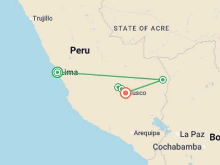 Map itinerary of Andes Tour in July 2026 with 6 destination visits for the trip: Inca Encounter