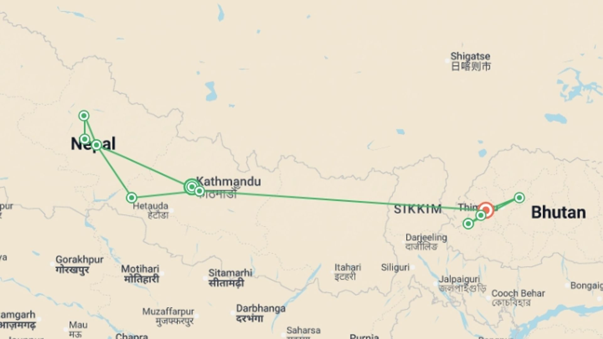 A map showing the tour itinerary for the trip: Nepal & Bhutan: From the Annapurna Foothills to Tiger's Nest, starting in Kathmandu, Nepal and ending in Paro, Bhutan going through 8 other destinations.