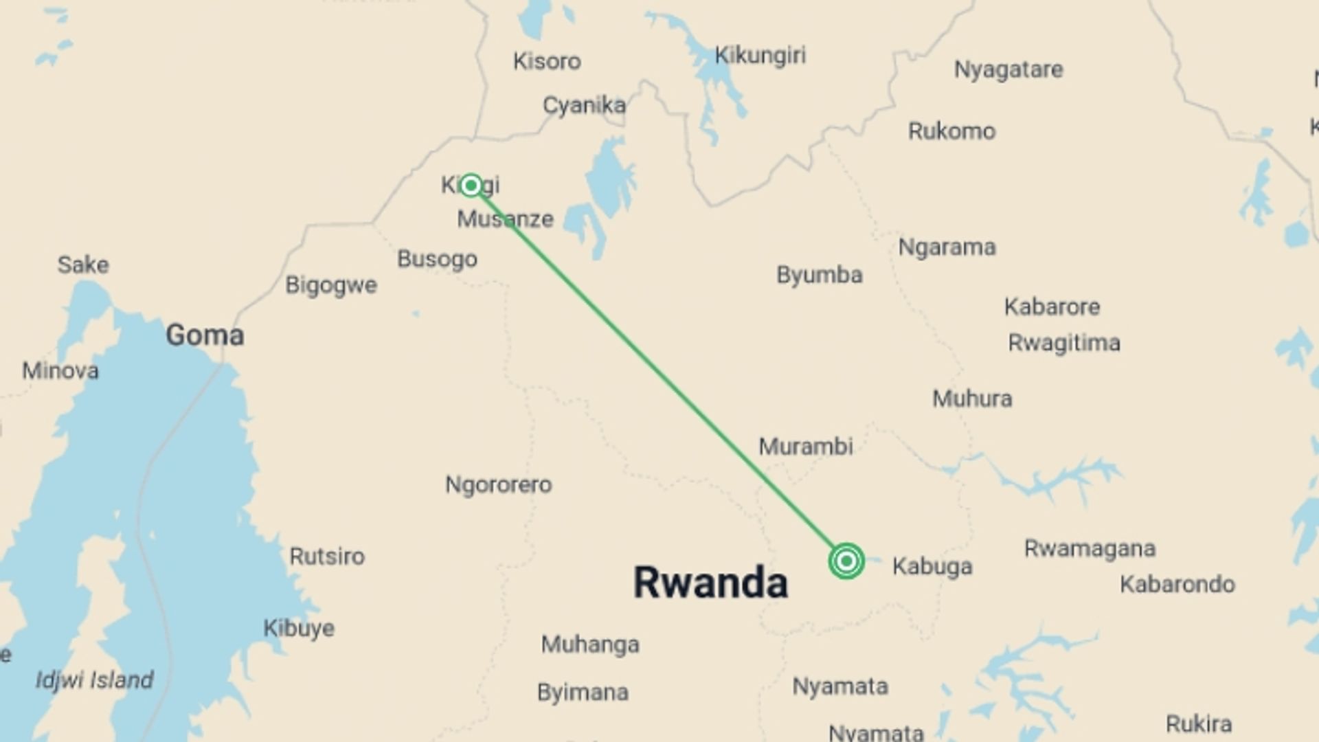 A map showing the tour itinerary for the trip: Gorilla Express - 4 days, starting in Kigali, Rwanda and ending in Kigali, Rwanda going through 1 other destinations.
