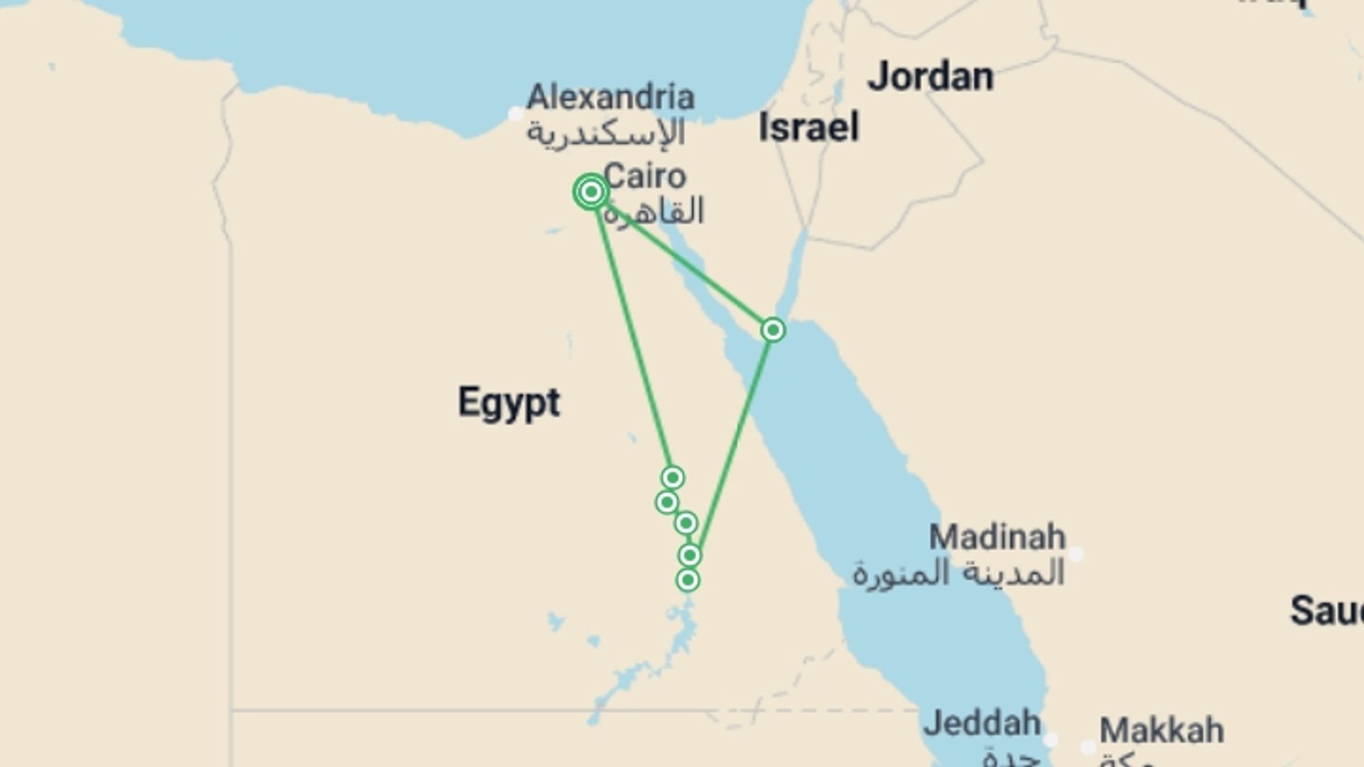 A map showing the tour itinerary for the trip: Best of Egypt, starting in Cairo, Egypt and ending in Cairo, Egypt going through 5 other destinations.