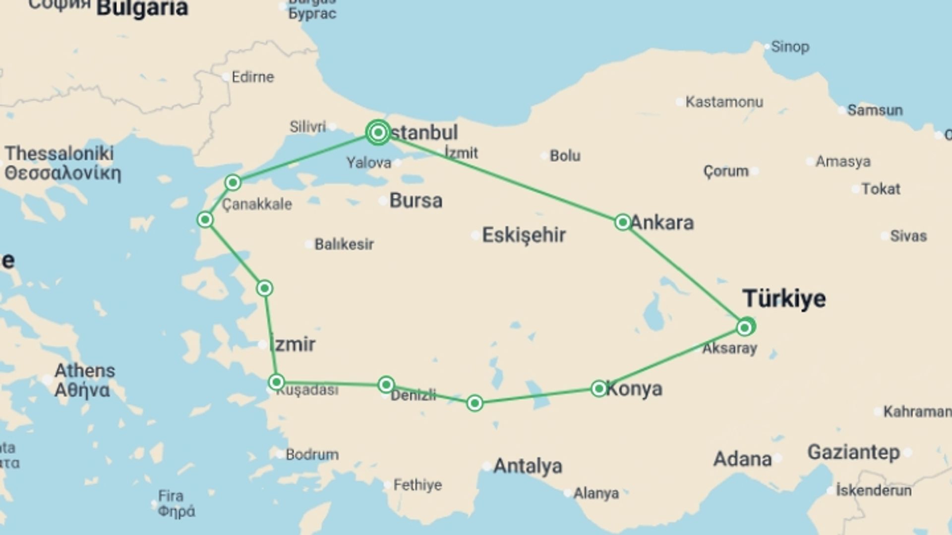 A map showing the tour itinerary for the trip: Fire of Anatolia Tour, starting in Istanbul, Turkey and ending in Istanbul, Turkey going through 7 other destinations.