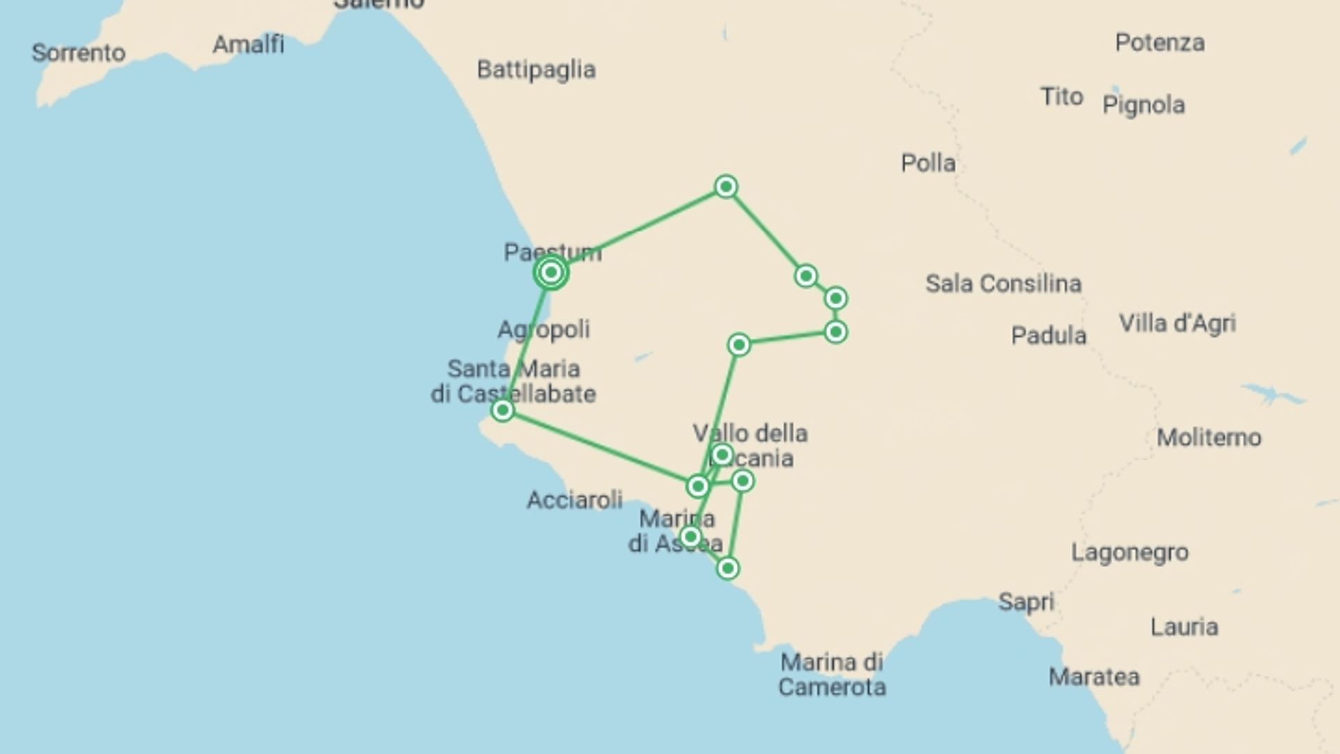A map showing the tour itinerary for the trip: Paestum & the Cilento National Park, starting in Paestum, Italy and ending in Paestum, Italy going through 4 other destinations.