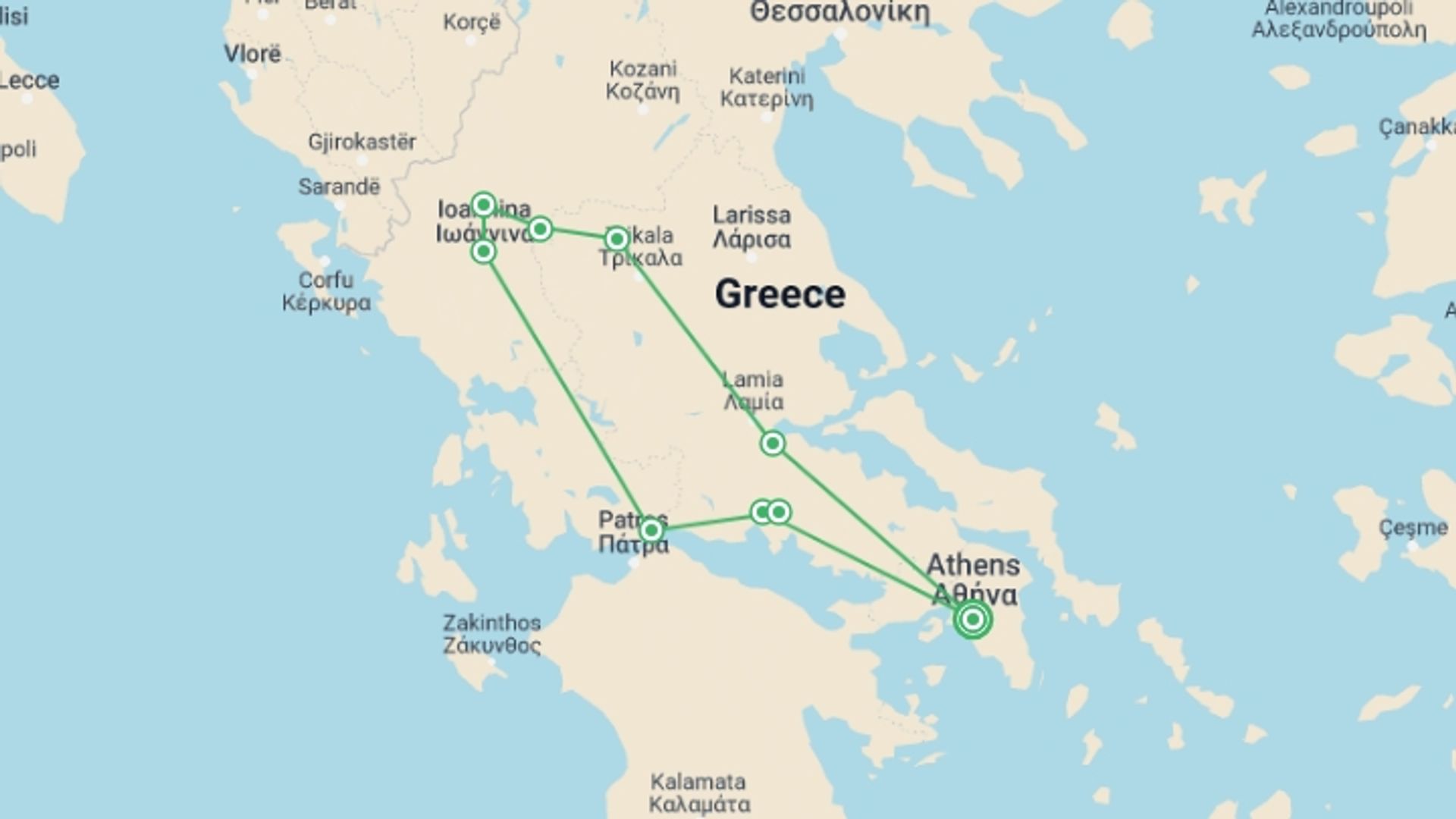 A map showing the tour itinerary for the trip: Mystical Mainland (All-Inclusive Semi-Private Tour), starting in Athens, Greece and ending in Athens, Greece going through 4 other destinations.