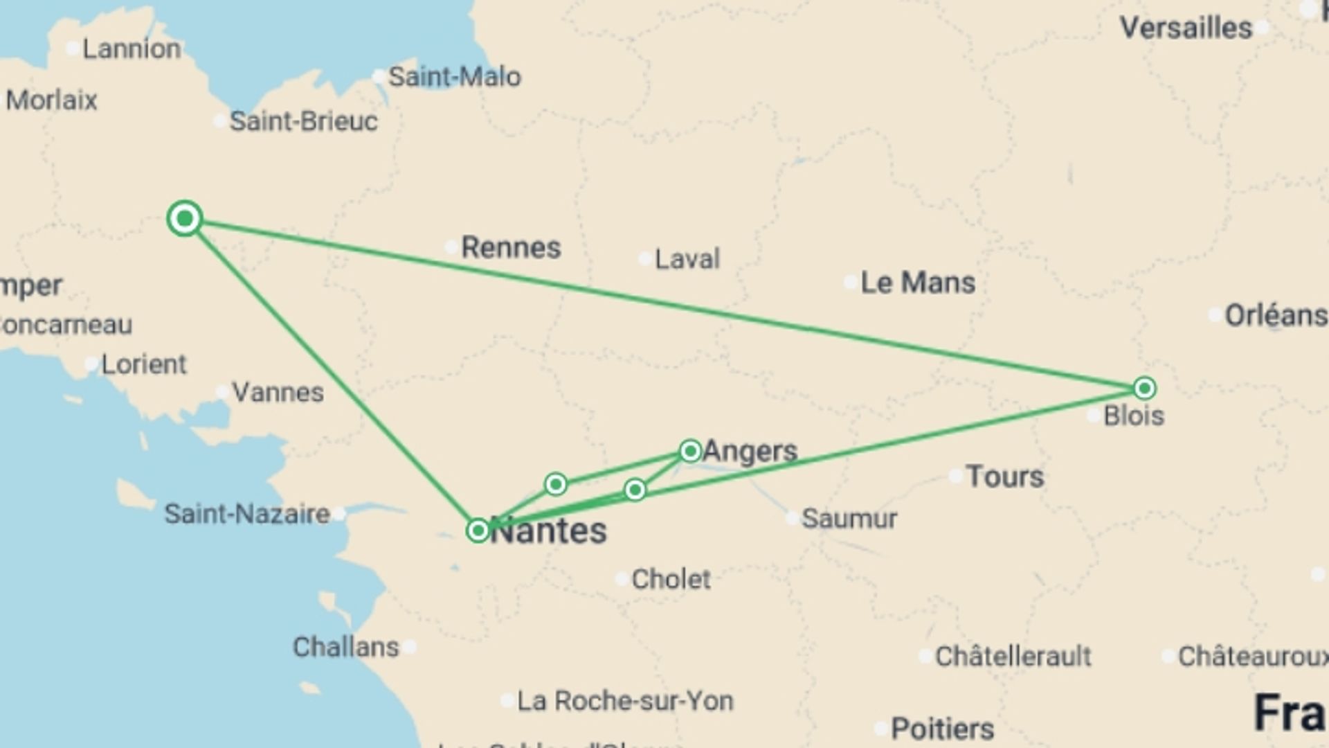 A map showing the tour itinerary for the trip: The Loire Valley, a Royal legacy (port-to-port cruise), starting in Brittany, France and ending in Brittany, France going through 3 other destinations.