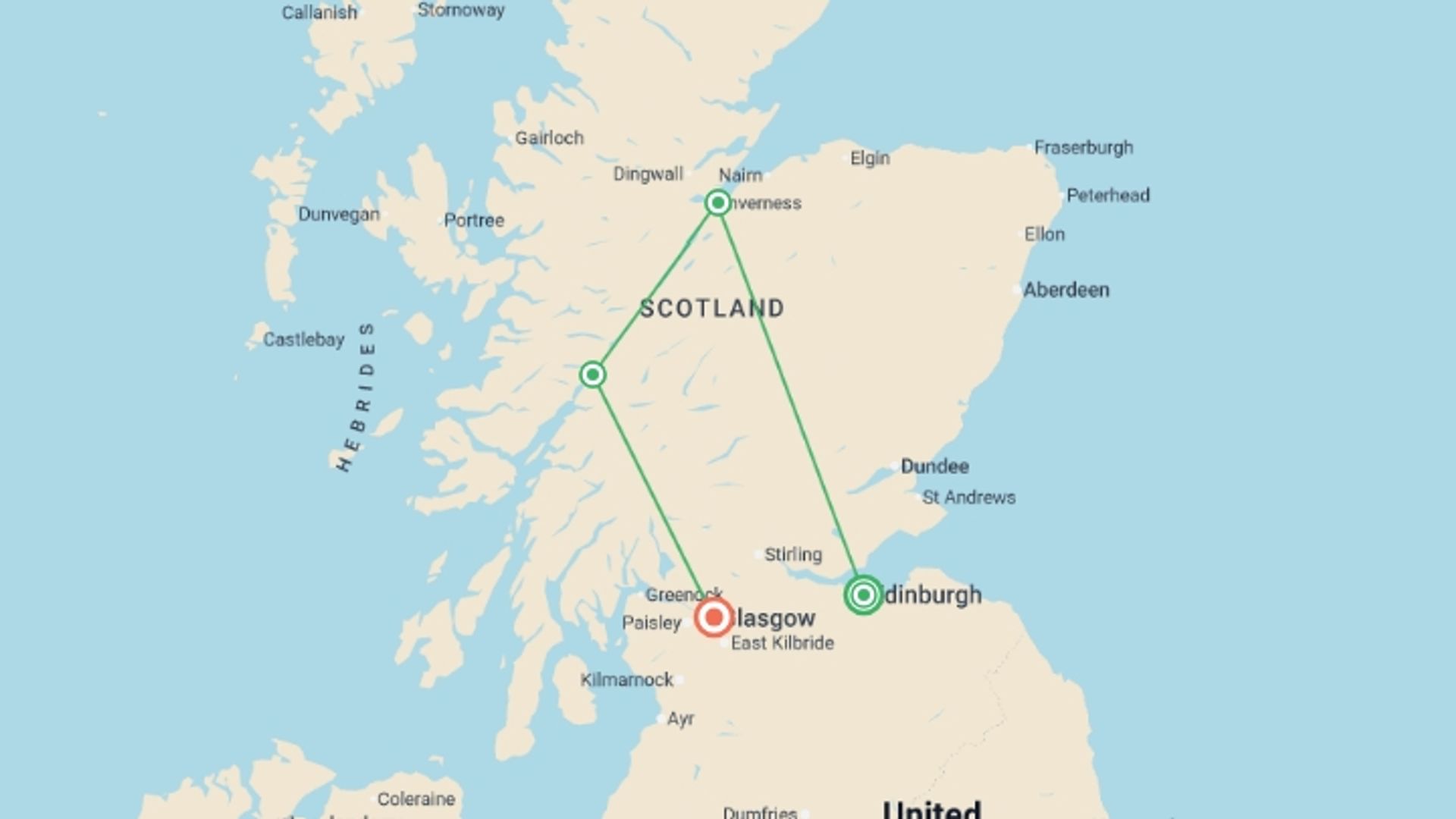 A map showing the tour itinerary for the trip: Highlights of Scotland, starting in Edinburgh, Scotland and ending in Glasgow, Scotland going through 2 other destinations.