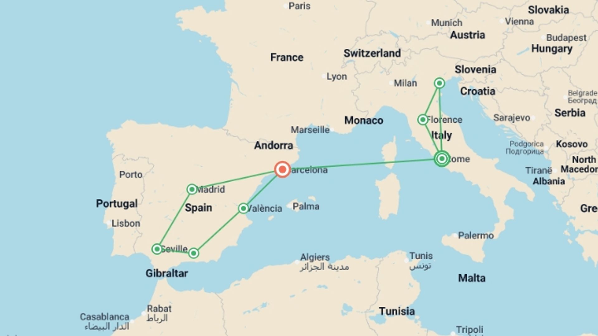 A map showing the tour itinerary for the trip: From Gelato to Gaudi: Italy & Spain Journey, starting in Rome, Italy and ending in Rome, Italy going through 8 other destinations.