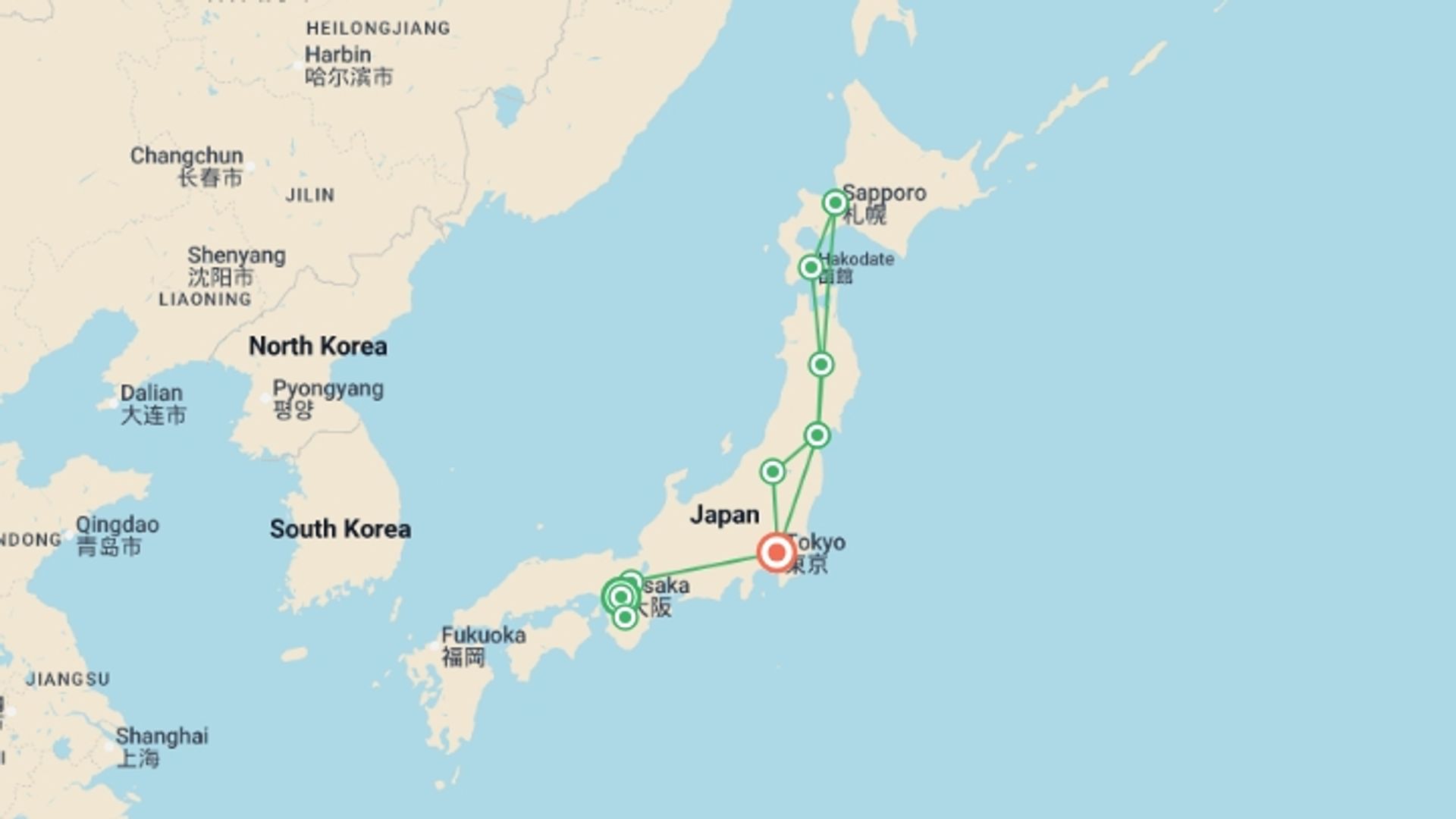 A map showing the tour itinerary for the trip: Traditional Japan and north of Japan, starting in Osaka, Japan and ending in Tokyo, Japan going through 7 other destinations.