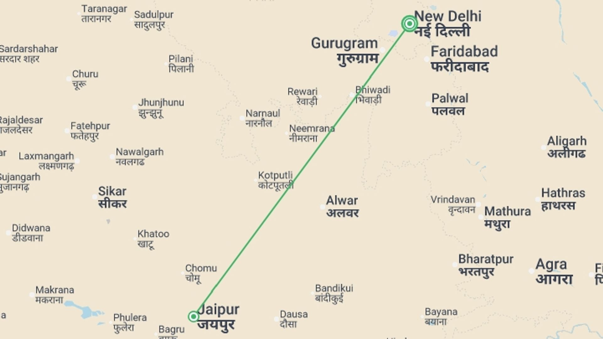 A map showing the tour itinerary for the trip: Delhi, Agra & Jaipur Express (5 Star) - 4 days, starting in New Delhi, India and ending in New Delhi, India going through 1 other destinations.