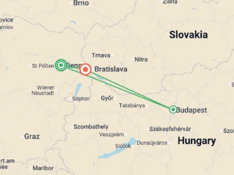 Map of Europe Tour with 3 destination visits for the trip: Capital Cities Along the Danube (port-to-port cruise)