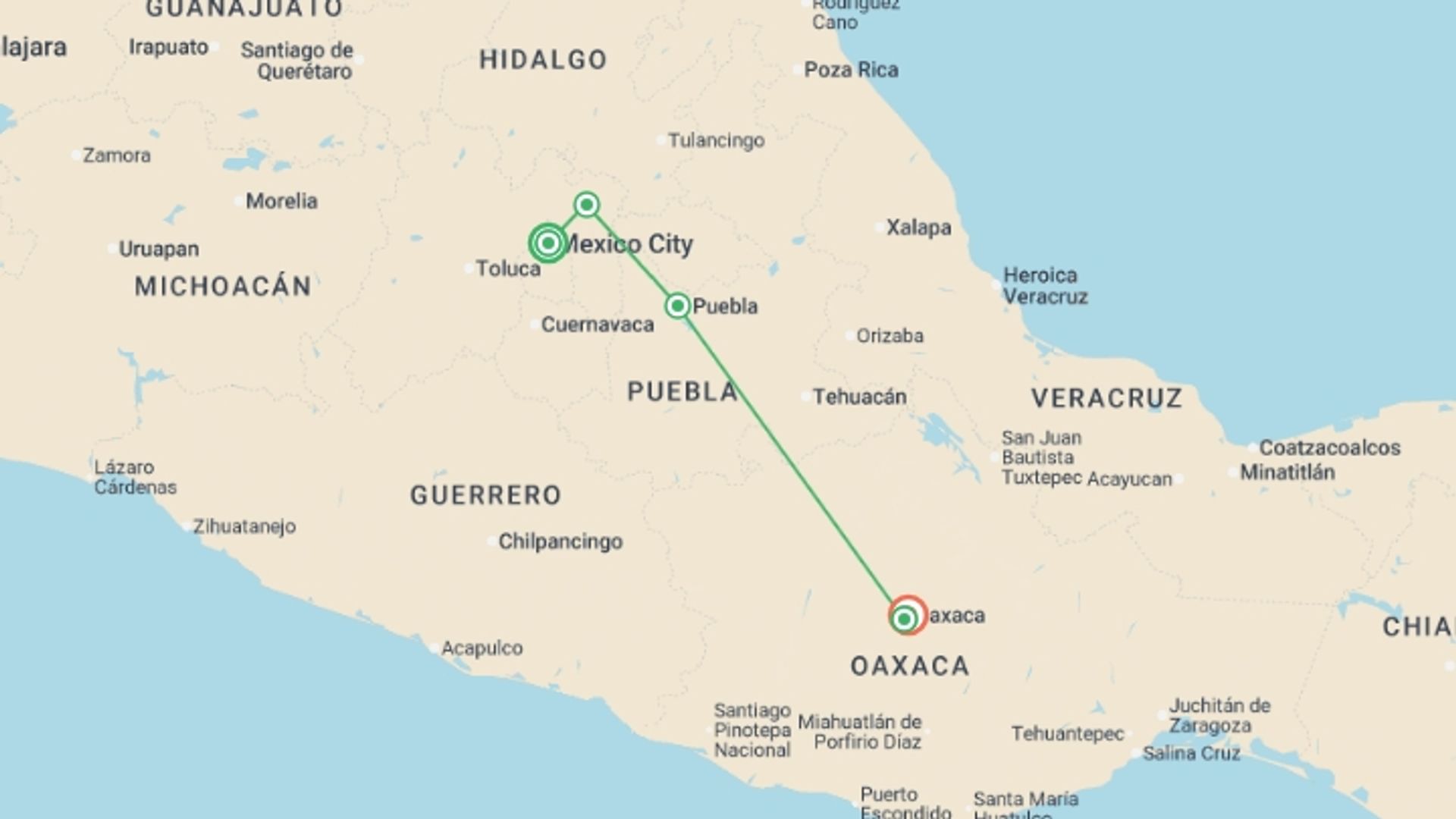 A map showing the tour itinerary for the trip: Signature Mexico | Among Ruins & Ritual, starting in Mexico City, Mexico and ending in Oaxaca, Mexico going through 3 other destinations.