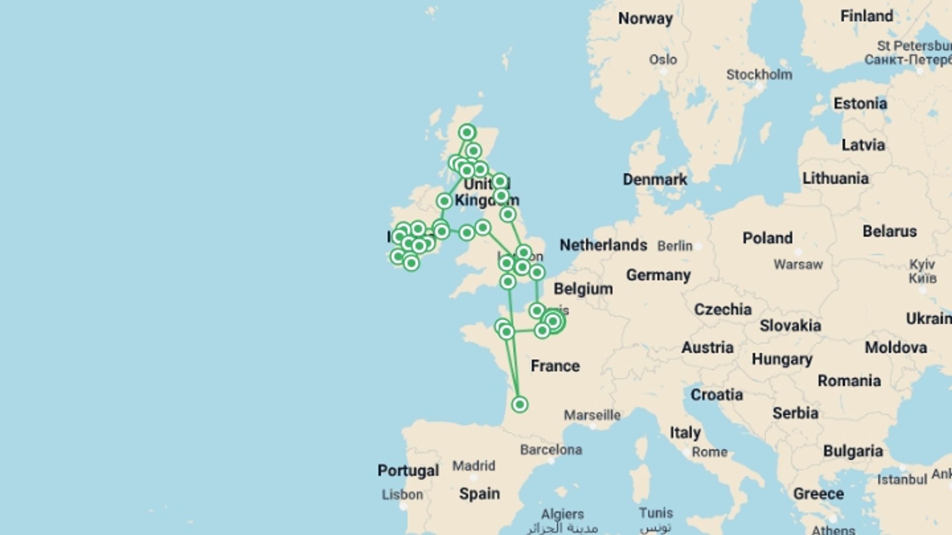 A map showing the tour itinerary for the trip: British Isles with Brittany, starting in Paris, France and ending in Paris, France going through 12 other destinations.