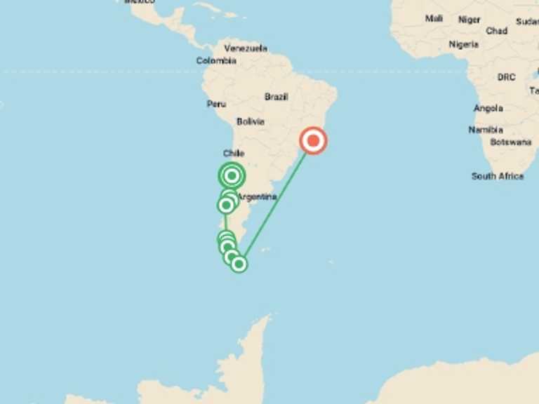 Map of a Adventure and sport Tour with 10 destination visits for the trip: Patagonia Overland: Santiago to Ushuaia with Rio Carnival