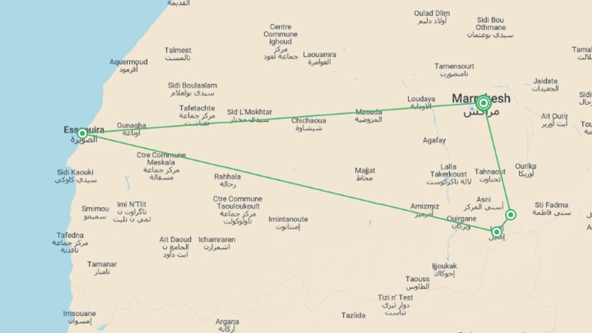 A map showing the tour itinerary for the trip: Premium Hiking and Trekking in Morocco, starting in Marrakech, Morocco and ending in Marrakech, Morocco going through 3 other destinations.