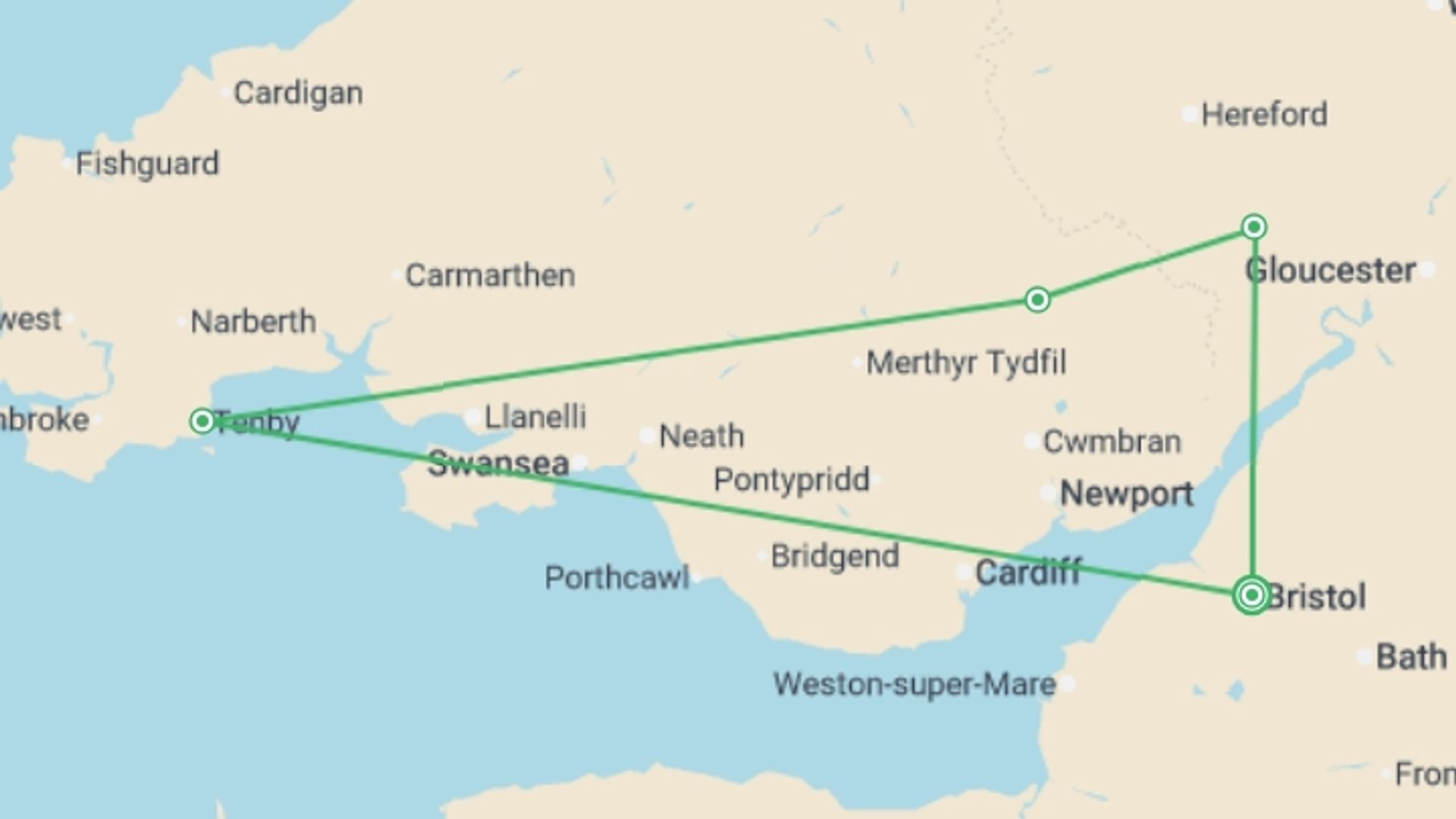 A map showing the tour itinerary for the trip: Scenic South Wales (Hotel) - 3 days, starting in Bristol, England and ending in Bristol, England going through 2 other destinations.