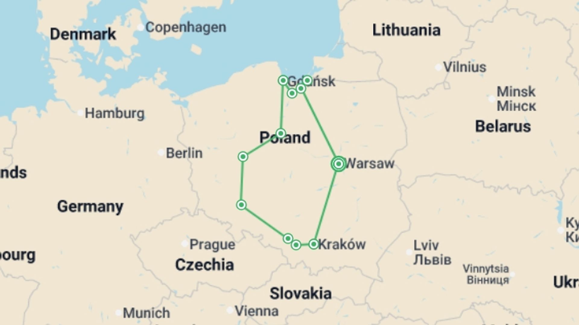 A map showing the tour itinerary for the trip: Full Wonders of Poland Circuit, starting in Warsaw, Poland and ending in Warsaw, Poland going through 4 other destinations.