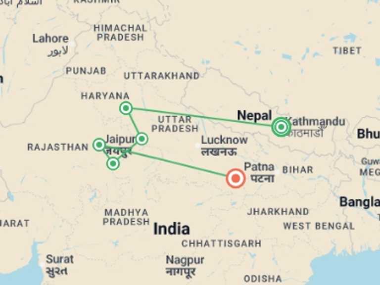 Map itinerary of Kathmandu Tour in May 2026 with 2 destination visits for the trip: Best of India