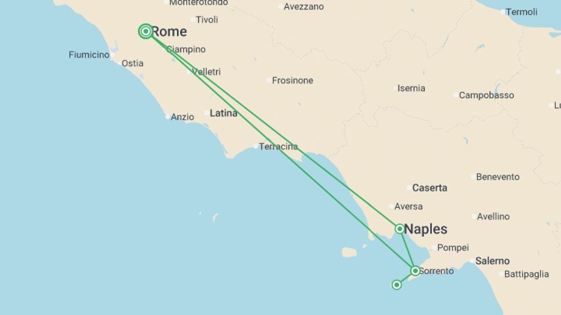 A map showing the tour itinerary for the trip: La Dolce Vita Experience, starting in Rome, Italy and ending in Rome, Italy going through 2 other destinations.