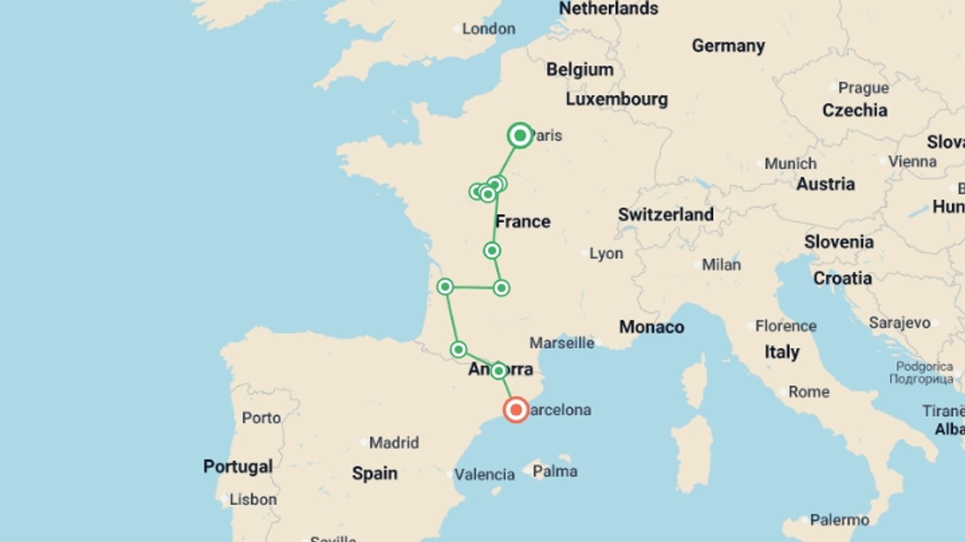 A map showing the tour itinerary for the trip: France and Barcelona, starting in Paris, France and ending in Barcelona, Spain going through 6 other destinations.