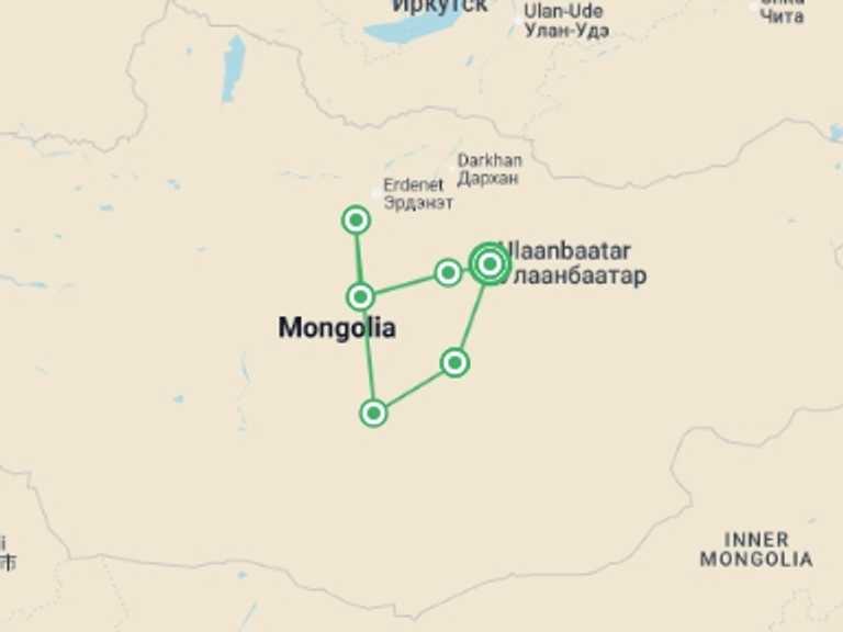 Map of Mongolia Tour with 6 destination visits for the trip: Journeys: Mongolia & The Naadam Festival