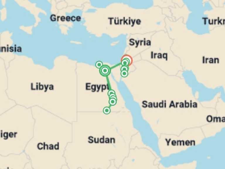 Map of 18-Day Africa Tour with 10 destination visits for the trip: Highlights of Egypt & Jordan