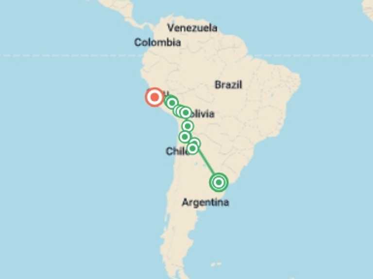 Map of South America Tour with 13 destination visits for the trip: Argentina, Atacama & Andes - 20 days