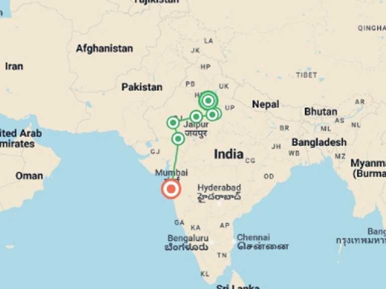 Map of Mumbai Cultural, religious and historic sites Tour with 6 destination visits for the trip: Delhi, Agra & Rajasthan with Mumbai