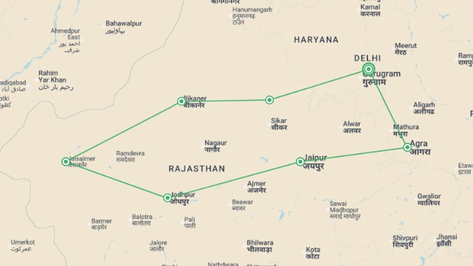 A map showing the tour itinerary for the trip: The Soul Of North India, French-speaking Guide, Private Tour, starting in New Delhi, India and ending in New Delhi, India going through 6 other destinations.
