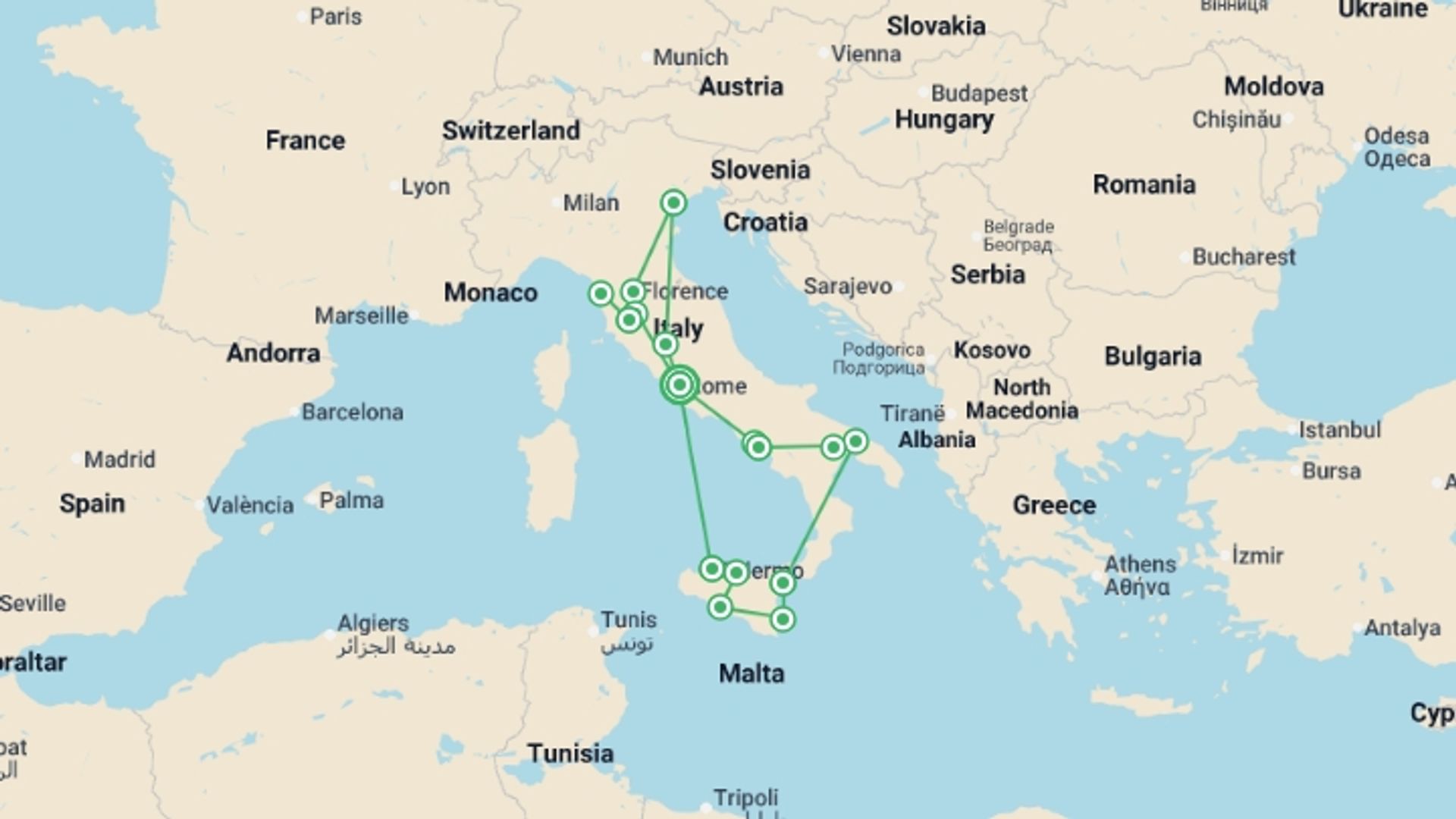 A map showing the tour itinerary for the trip: Italy Explorer, starting in Rome, Italy and ending in Rome, Italy going through 8 other destinations.
