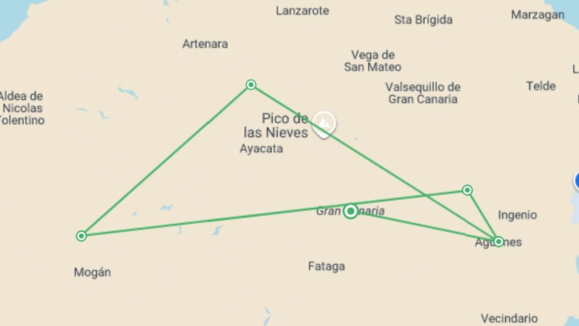 A map showing the tour itinerary for the trip: Canary Islands Walking - Gran Canaria, starting in Gran Canaria, Spain and ending in Gran Canaria, Spain going through 5 other destinations.