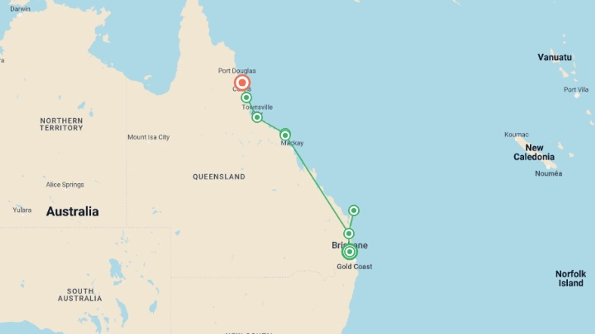 A map showing the tour itinerary for the trip: Oz East Coast 20 + Work, starting in Brisbane, Australia and ending in Cairns, Australia going through 6 other destinations.