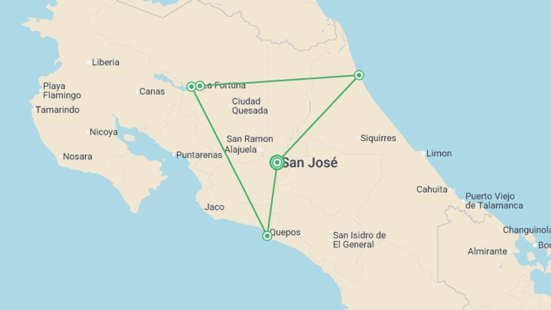 A map showing the tour itinerary for the trip: Costa Rica Express - 7 days, starting in San Jose, Costa Rica and ending in San Jose, Costa Rica going through 4 other destinations.
