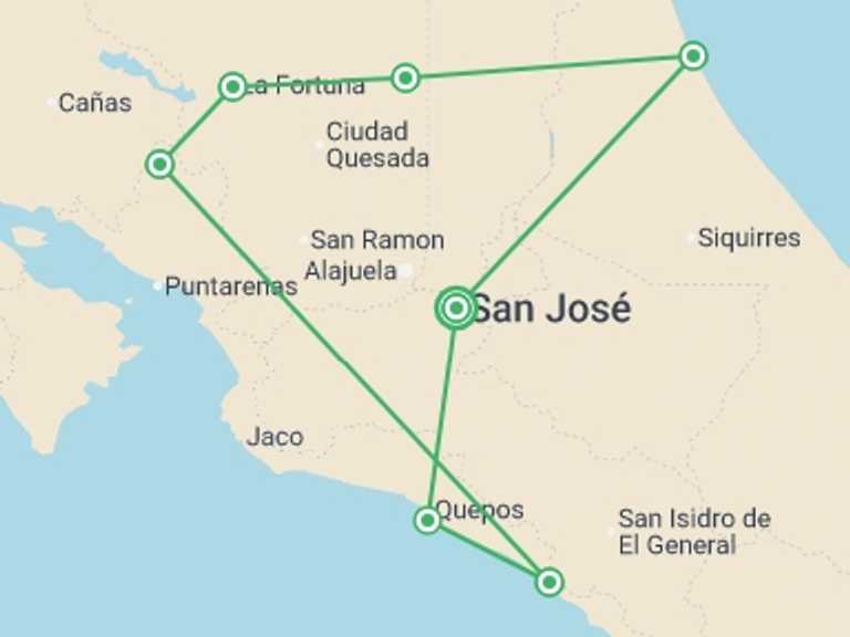 Map itinerary of San Jose Tour in December 2026 with 7 destination visits for the trip: Best of Costa Rica Family Holiday