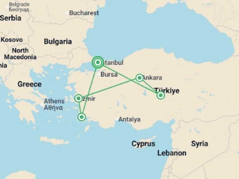 Map of Europe Tour with 5 destination visits for the trip: Signature: Turkey's Istanbul, Ephesus & Cappadocia