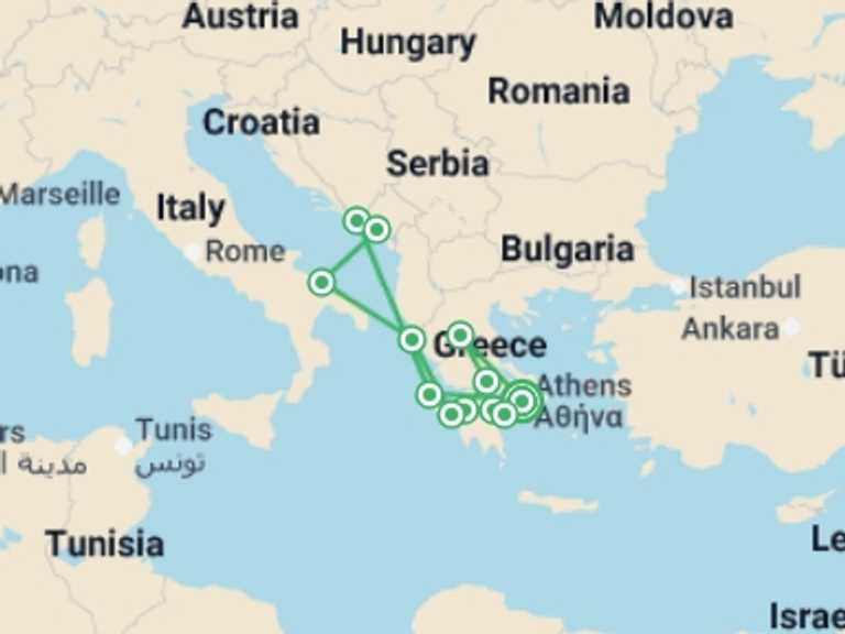 Map of Mediterranean Tour with 10 destination visits for the trip: Wonders of Ancient Greece & Adriatic Cruise - 14 days