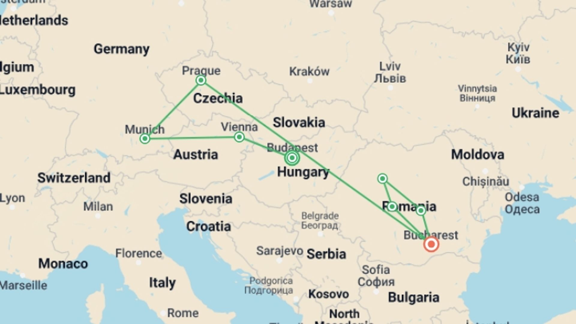 A map showing the tour itinerary for the trip: Impressive Central & Eastern Europe (4 Star Hotels), starting in Budapest, Hungary and ending in Bucharest, Romania going through 6 other destinations.