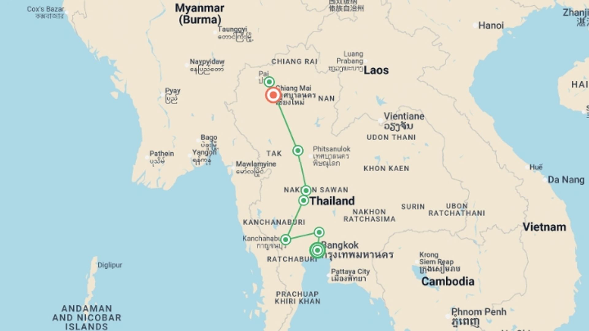 A map showing the tour itinerary for the trip: Premium Northern Thailand, starting in Bangkok, Thailand and ending in Chiang Mai, Thailand going through 5 other destinations.