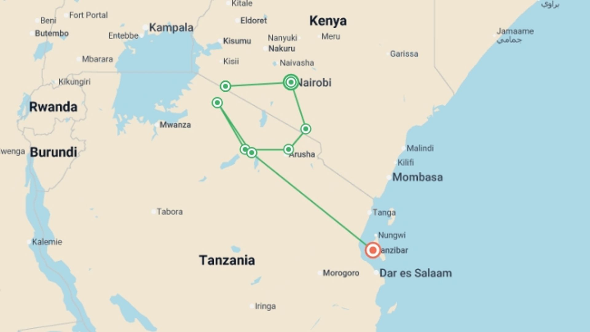 A map showing the tour itinerary for the trip: Kenya & Tanzania: Maasai Mara, The Serengeti & Zanzibar, starting in Nairobi, Kenya and ending in Zanzibar, Tanzania going through 6 other destinations.