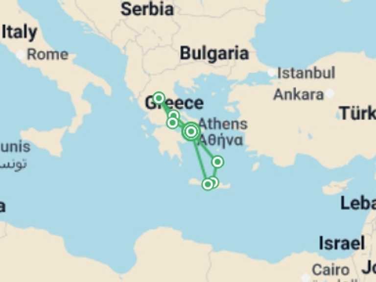 Map of Europe Tour with 5 destination visits for the trip: Best of Greece Explorer - 10 days