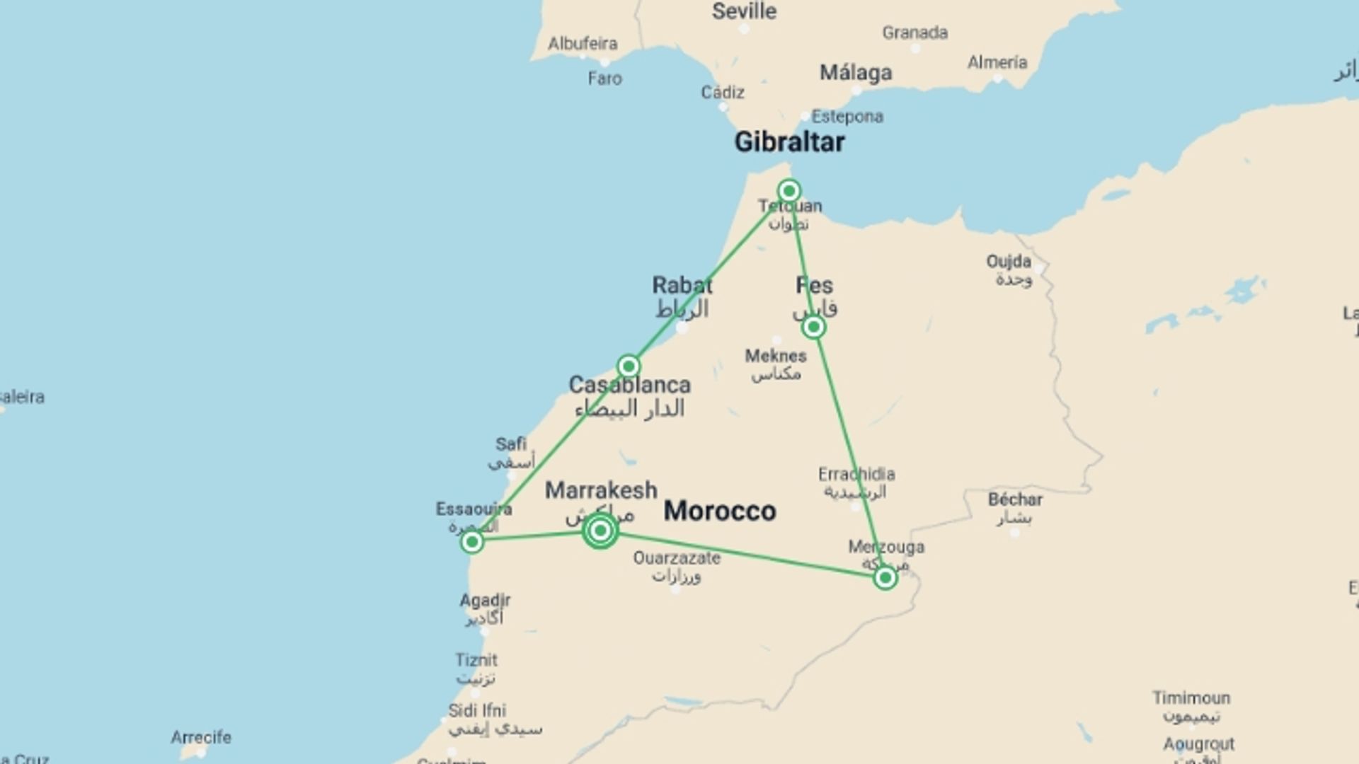 A map showing the tour itinerary for the trip: Exotic Morocco (4 Star Hotels), starting in Marrakech, Morocco and ending in Marrakech, Morocco going through 5 other destinations.
