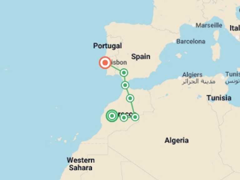 Map itinerary of Mediterranean Tour in March 2027 with 7 destination visits for the trip: Majestic Morocco to Lisbon Odyssey - 11 days