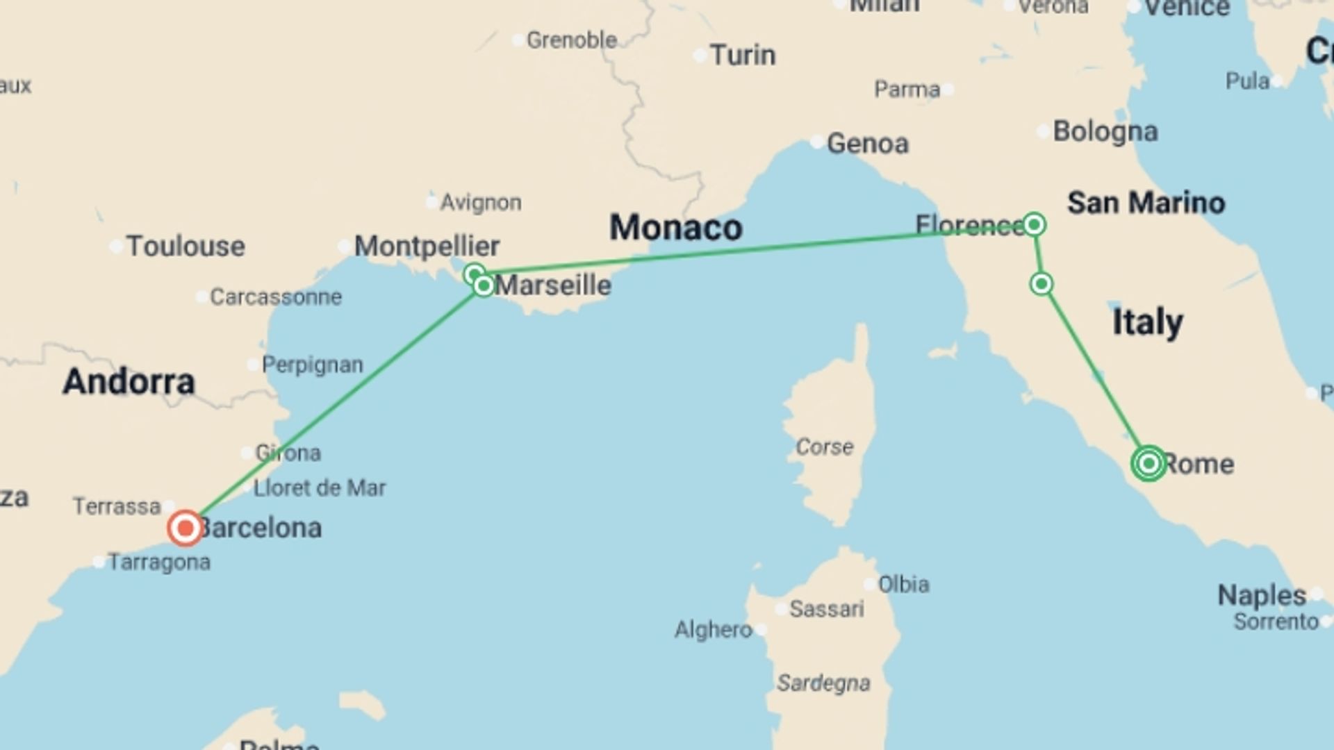 A map showing the tour itinerary for the trip: From Rome to Barcelona Adventure - 11 days, starting in Rome, Italy and ending in Barcelona, Spain going through 4 other destinations.