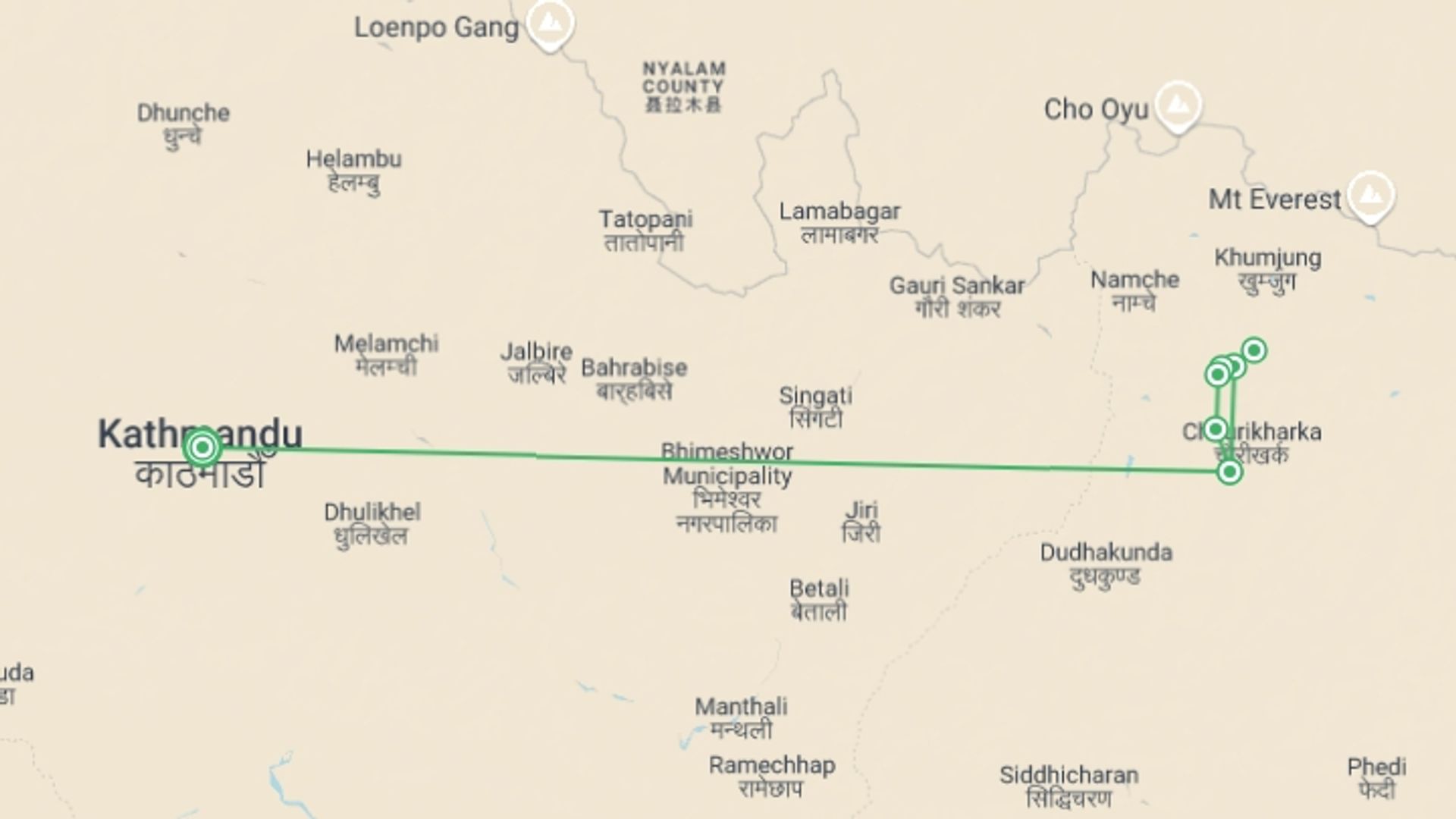A map showing the tour itinerary for the trip: Everest Panorama Trek, starting in Kathmandu, Nepal and ending in Kathmandu, Nepal going through 7 other destinations.