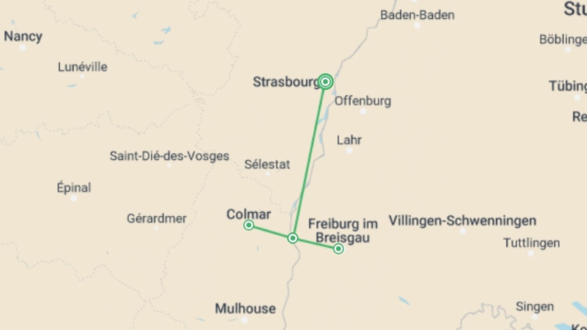 A map showing the tour itinerary for the trip: A Bountiful Christmas in Alsace and the Black Forest (port-to-port cruise), starting in Strasbourg, France and ending in Strasbourg, France going through 1 other destinations.