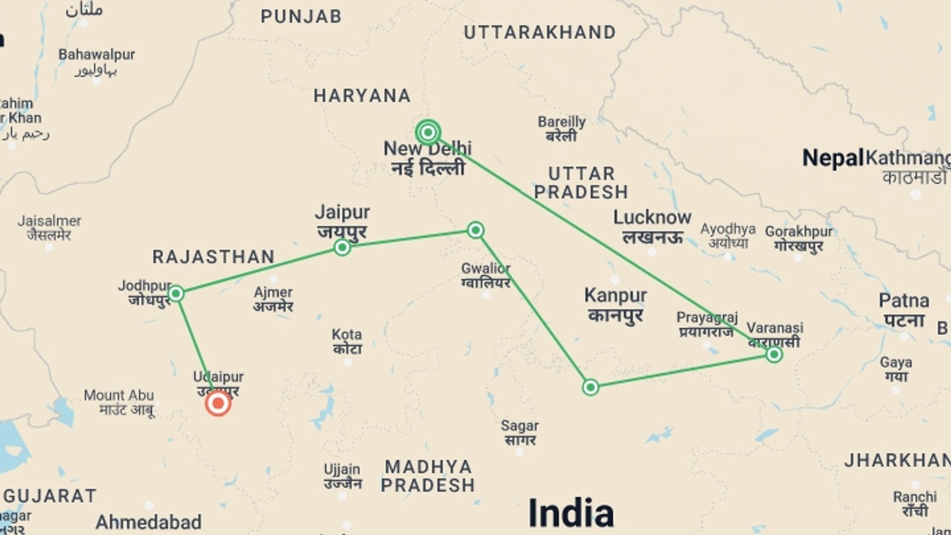 A map showing the tour itinerary for the trip: Best India Tour, starting in New Delhi, India and ending in Udaipur, India going through 6 other destinations.