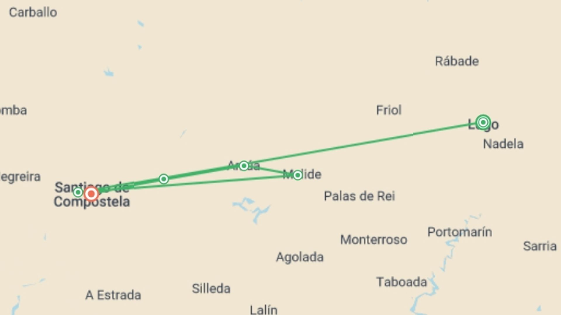 A map showing the tour itinerary for the trip: Camino de Santiago From Lugo - 7 days, starting in Lugo, Spain and ending in Santiago De Compostela, Spain going through 4 other destinations.