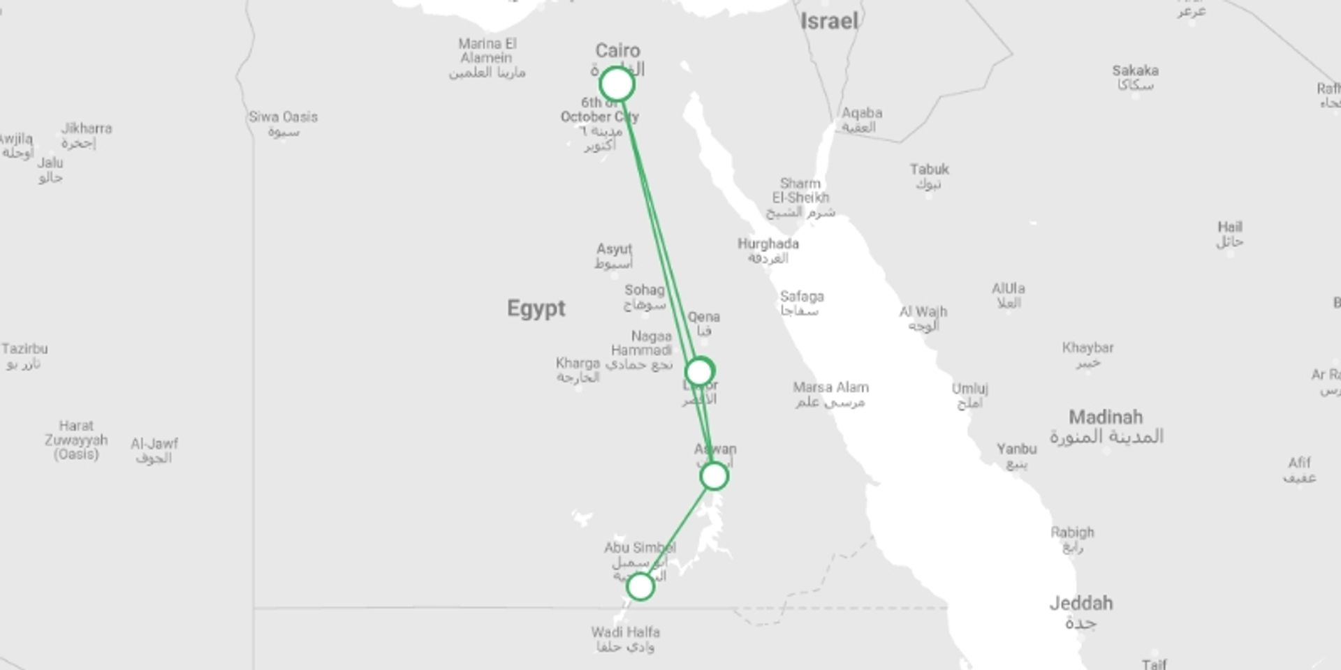A map showing the tour itinerary for the trip: Classical Egypt - 9 Days, starting in Cairo, Egypt and ending in Cairo, Egypt going through 2 other destinations.
