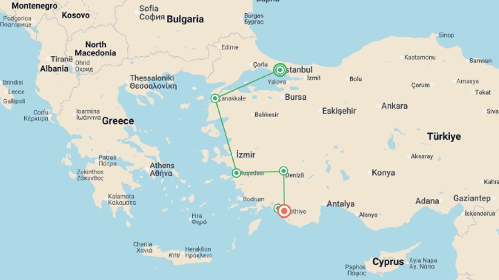 A map showing the tour itinerary for the trip: Turkey Prelude and Gulet, starting in Istanbul, Turkey and ending in Fethiye, Turkey going through 4 other destinations.