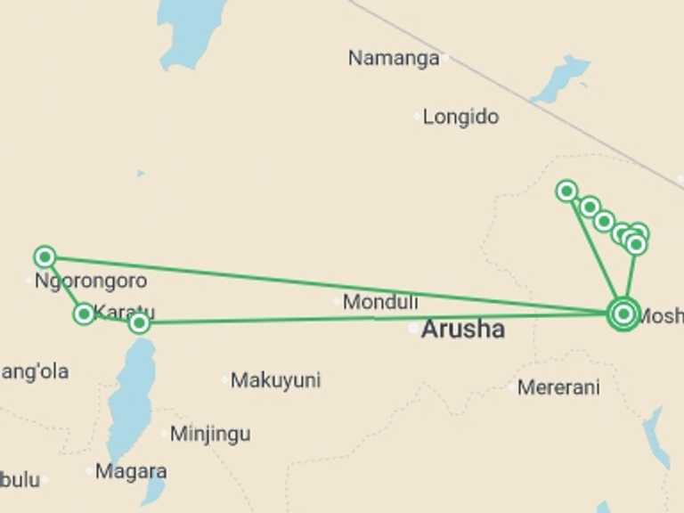 Map itinerary of Africa Tour in February 2026 with 10 destination visits for the trip: Kilimanjaro - Lemosho Trek + Safari Extension
