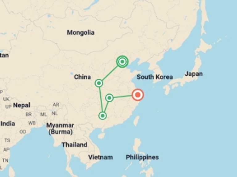 Map itinerary of Asia Tour in October 2026 with 5 destination visits for the trip: Totally China, Guilin & Yangtze Cruise - 14 days